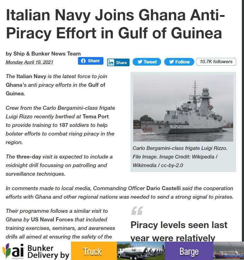Italian Navy Joins Ghana Anti- Piracy Effort In Gulf of Guinea